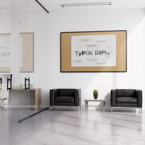 Glass waiting room interior with two leather armchairs standing between glass walls in an office lobby. Framed horizontal poster on a wall. 3d rendering, mock up