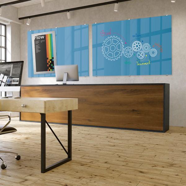 Modern office interior with blank computers on tables, wooden reception desk and windows with city view. 3D Rendering
